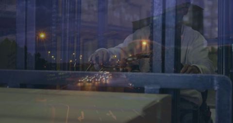 Night highway overlay warehouse worker stock image