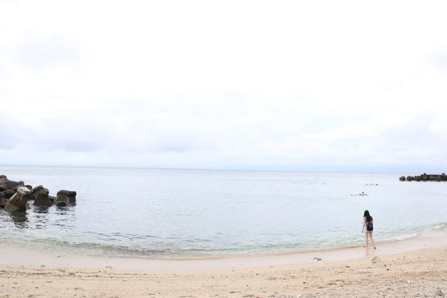 This image depicts a solitary woman walking along a tranquil, empty beach under a cloudy sky. The calm sea and gentle waves give a serene and peaceful atmosphere. This image is ideal for themes of solitude, relaxation, nature, and introspection, making it suitable for travel blogs, mental wellness content, and nature-themed projects.