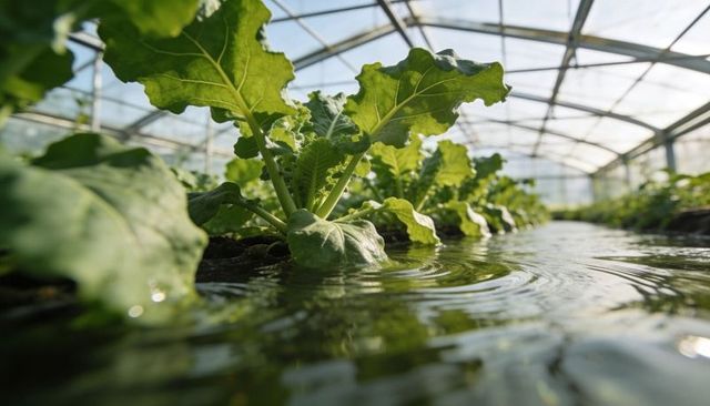Hydroponic kale growing in greenhouse water channel creating ripples and reflective rows