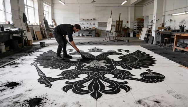 Artist forming large double-headed eagle floor mural with black pigment in daylight studio