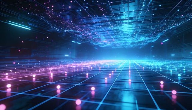 Glowing neon grid chamber featuring floating data nodes and reflective tiled floor