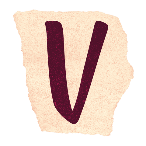 Transparent grainy textured letter v on torn beige paper
