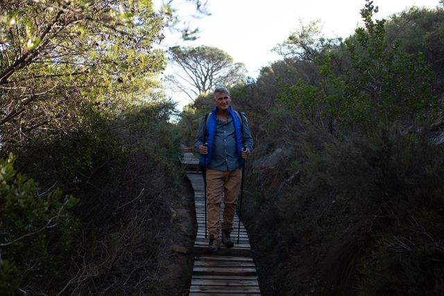 Front view of a happy senior Caucasian man enjoying time in nature, hiking in mountains on a sunny day, walking on a footpath with Nordic walking sticks and backpack.