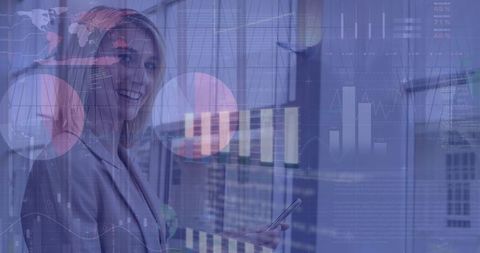 Businesswoman Analyzing Global Data on Smartphone in Modern Office