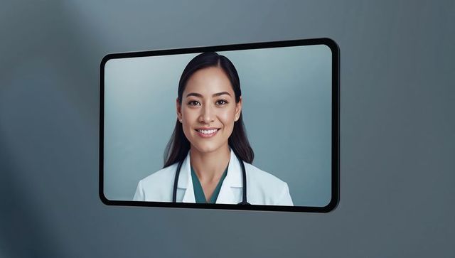 Smiling physician appearing on clinic wall screen for telemedicine and virtual care