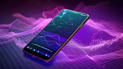 Futuristic Smartphone Displaying Data Visualization on Neon Grid