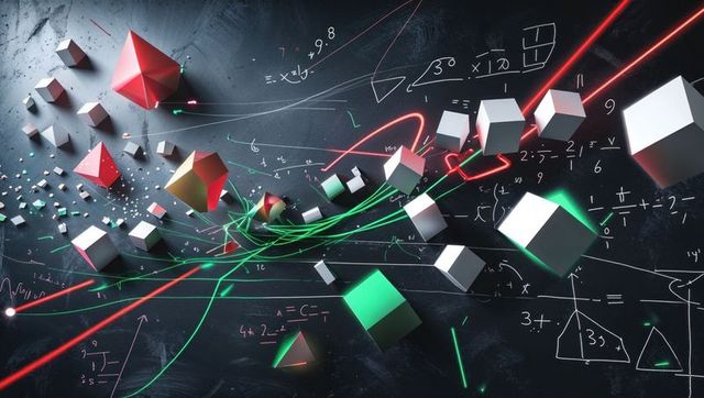 Floating geometric solids with neon trails and math symbols