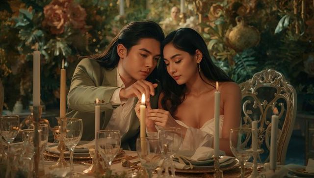 Elegant couple lighting candle at luxurious banquet table