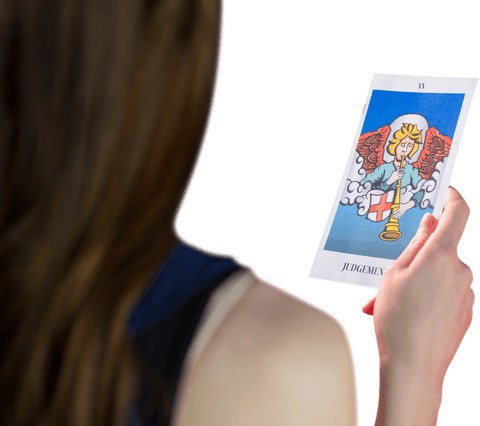 Person holding tarot card on transparent background