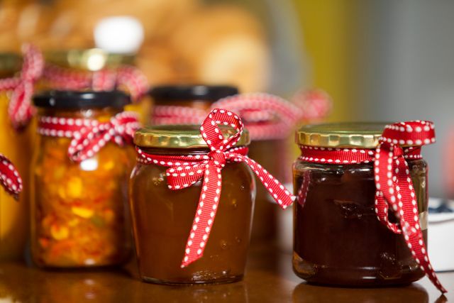 Assorted jars of pickles and jam adorned with red ribbon ties, displayed on a counter. Perfect for use in articles or advertisements related to homemade food, farmers' markets, artisanal products, and gourmet cooking. Ideal for illustrating concepts of fresh, organic, and delicious preserves.