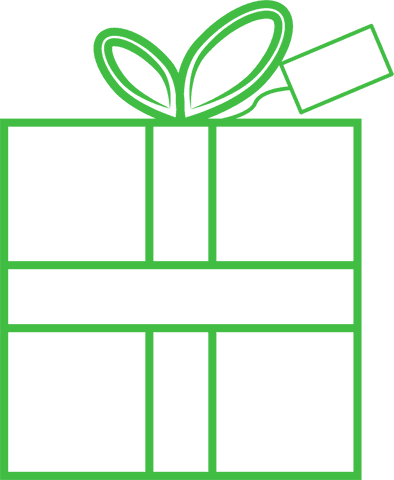 Green gift box illustration with tag and bow on transparent background