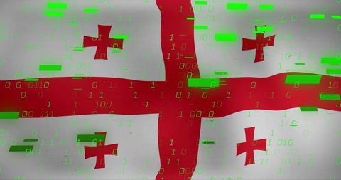 Georgian flag showing green binary glitch overlay, cybersecurity and cyberattack concept