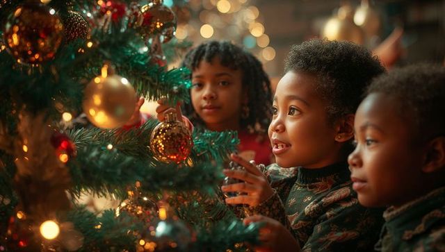 Three siblings hanging gold baubles on christmas tree, holiday spirit