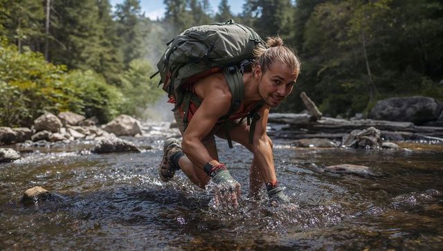 Adventurous hiker crossing mountain stream crouching with backpack and fingerless gloves