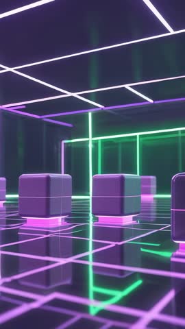 Shifting Camera Revealing Rotating Neon Cubes on Cyber Grid Vertical Tech Loop