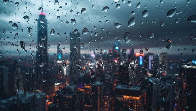 Raindrops Refracting Neon Lights over Blurred Moody Night City Skyline from High-Rise