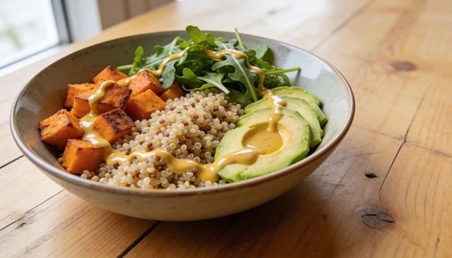 Quinoa bowl with roasted sweet potato, sliced avocado and arugula drizzled mustard dressing