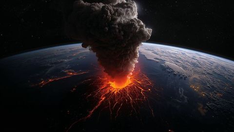 Massive Volcanic Eruption Seen from Space with Glowing Lava and City Lights