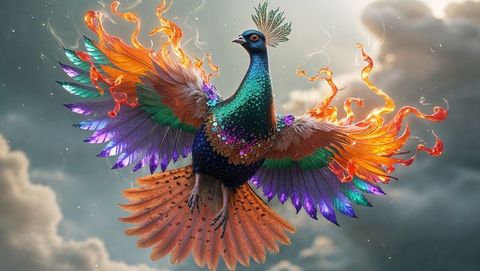 Majestic phoenix-like bird animal in fiery midflight among clouds