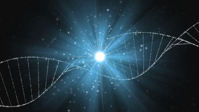 Image features digital DNA strands intertwined with a bright, glowing center against a blue backdrop. It is symbolic of advancements in genetic research and biotechnology. Perfect for illustrating scientific studies, health and technology innovations, or educational materials about biology and genetics.