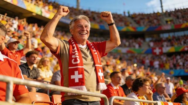 Senior swiss football fan celebrating victory wearing red scarf in packed stadium