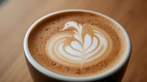Macro video showing swan latte art in ceramic cup on warm wooden tabletop