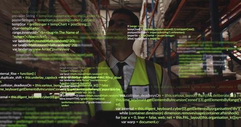 Warehouse supervisor inspecting inventory with code overlay representing digital logistics