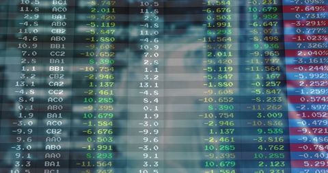 Data display board showing alphanumeric trading metrics at office