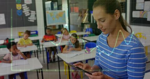 Teacher using tablet with digital charts in interactive classroom environment