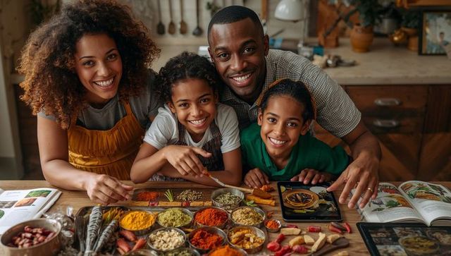Smiling family cooking with colorful spices and tablet in cozy rustic farmhouse kitchen