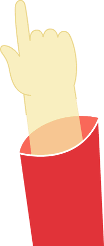 Flat design yellow pointing hand with red sleeve on transparent
