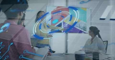 Female presenter leading team meeting with holographic ui and colorful data visualization