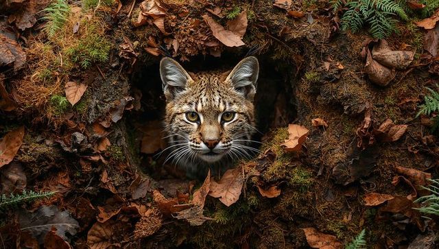 Wildcat peering from mossy forest den with amber eyes and autumn leaves, closeup lynx