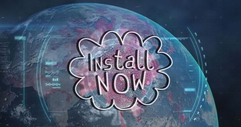 Install now banner over global pandemic technology interface