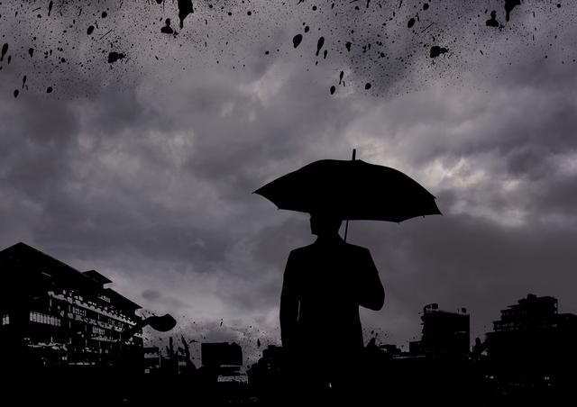 Man holding a black umbrella silhouetted against a dramatic, overcast sky. Towering dark clouds and an urban cityscape set a moody atmosphere. This is perfect for emphasizing themes of protection, uncertainty, moodiness, or adverse weather conditions in urban environments. Ideal for use in articles, blog posts, or marketing materials related to weather, urban life, or emotional states.
