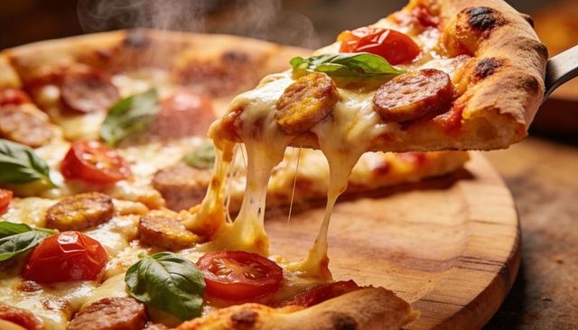 Steam-rising pizza slice pulling gooey mozzarella with cherry tomatoes, sausage, fresh basil