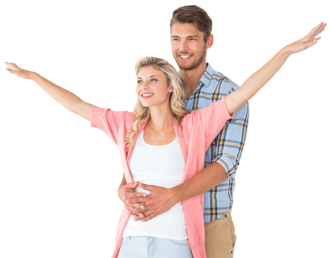 Happy couple embracing with joyful expression on transparent background