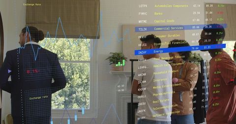 Men inspecting suits and adjusting wardrobe in living room with financial data overlay