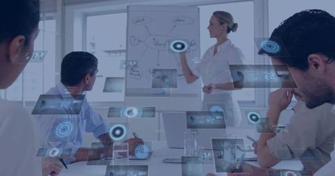 Business team collaborating, leader presenting strategy at whiteboard with holographic digital inter