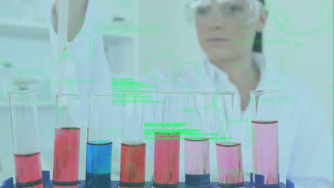 Scientist Analyzing Chemicals with Digital Data Overlay in Lab