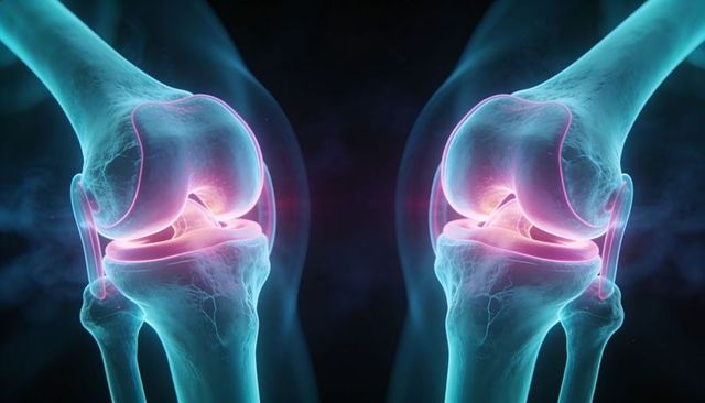 Mirrored knee joint anatomy highlighting cartilage menisci ligaments femur tibia patella