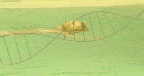 Floating Young Woman Wearing Swimwear in Green Water Showing DNA Helix Overlay
