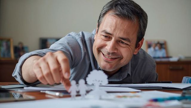 Smiling man arranging paper family and tree models on desk for home planning project