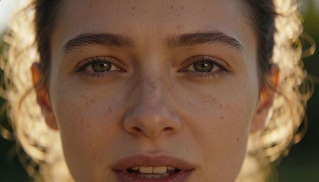 Closeup freckled woman with loose hair rim light golden hour natural beauty portrait