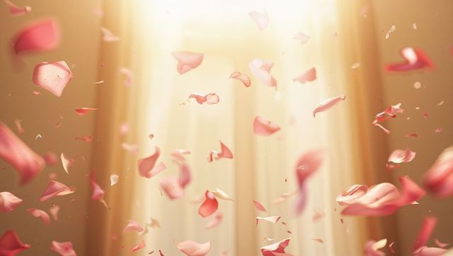 Drifting pink rose petals in warm golden light, ethereal backlit floral motion