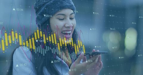 Smiling Woman Engaging with Smartphone Overlaid with Financial Charts