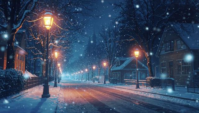 Quiet snowy street at night with glowing street lamps