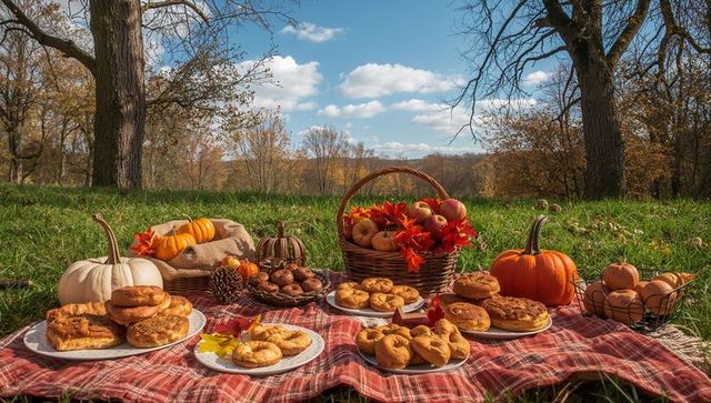 Rustic Picnic with Autumn Treats and Pumpkins in Sunny Meadow