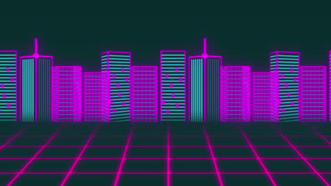 Neon Retro Futuristic Cityscape with Digital Grid