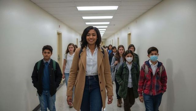 Confident teacher leading diverse students down school corridor with backpacks and masks